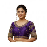 Purple phantom silk embroidered designer blouse with padded shoulders, adjustable up to size 42