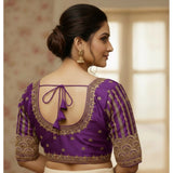 Women's Phantom Silk Embroidered Designer Neck Padded Blouse (Purple 38 Ready (Alterable up to 42)