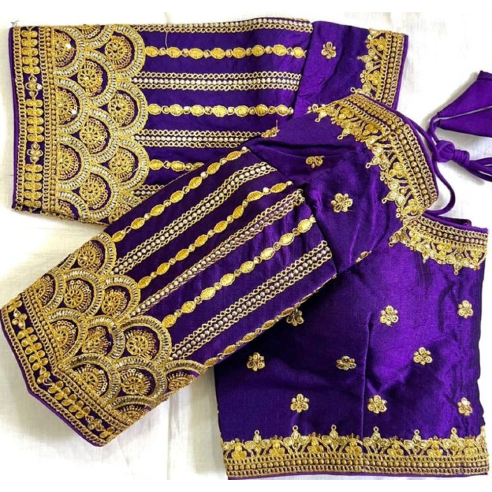 Purple phantom silk embroidered designer neck blouse with padded shoulders, adjustable up to size 42