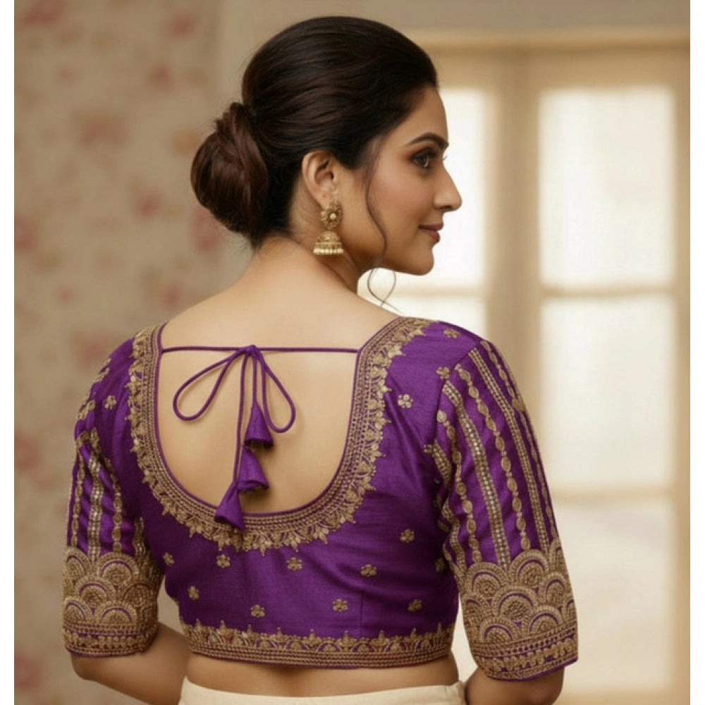 Purple Phantom Silk embroidered blouse with designer neck, padded and front hook closure (alterable up to size 42)