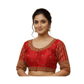 Red phantom silk embroidered designer blouse with padded features, ready size 38 (alterable up to 42)