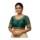 Teal phantom silk embroidered designer blouse with padded detail, alterable up to size 42