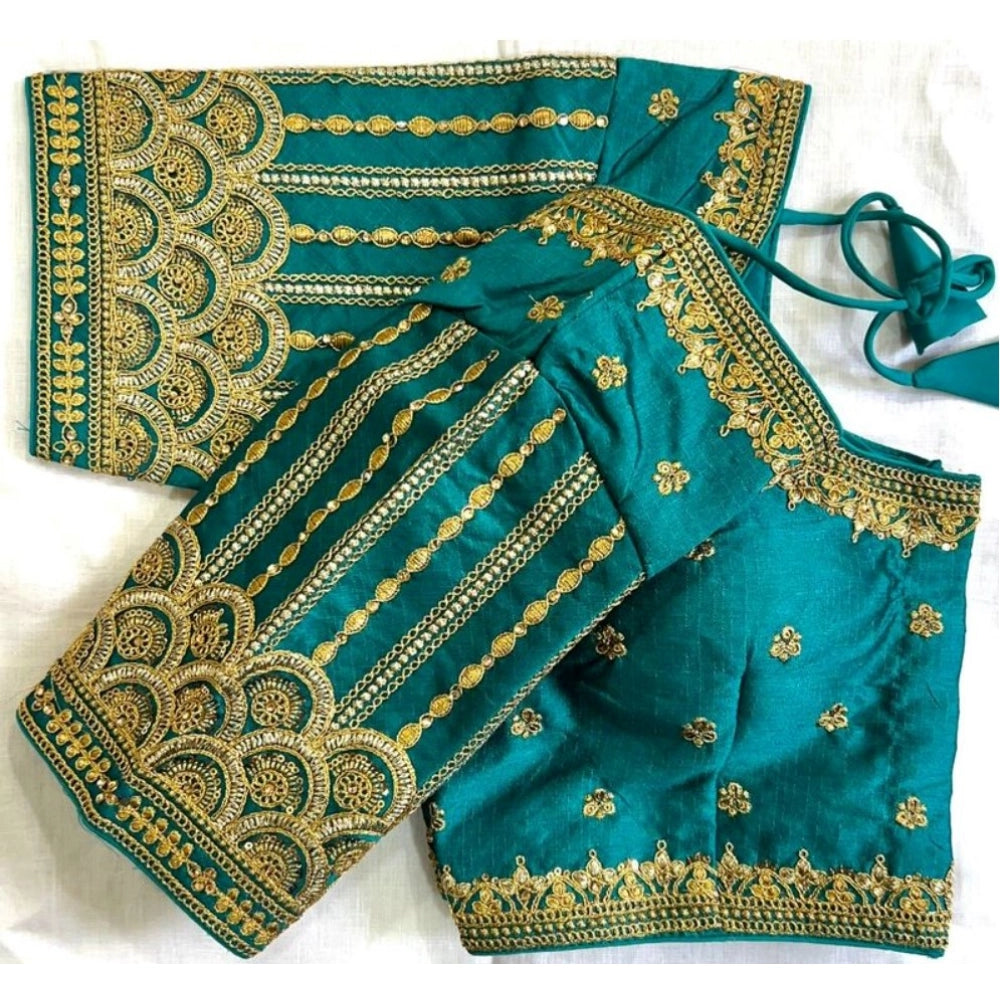 Teal phantom silk embroidered designer blouse with padded detail, alterable up to size 42