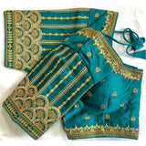 Teal phantom silk embroidered designer blouse with padded detail, alterable up to size 42