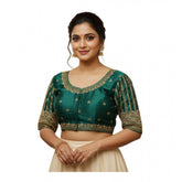 Teal phantom silk embroidered blouse with padded design (alterable up to size 42)