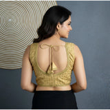 Beige silk blend embroidered V-neck blouse, sleeveless with back hook (alterable up to size 42)