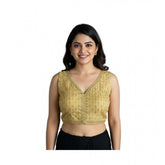 Beige silk blend embroidered v-neck blouse, sleeveless with back hook closure (alterable up to size 42)