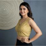 Beige silk blend embroidered v-neck blouse, sleeveless & alterable up to size 42