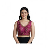 Dark wine silk blend embroidered v-neck blouse (alterable up to size 42), sleeveless, back hook closure
