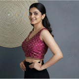 Dark wine silk blend embroidered V-neck blouse, sleeveless with back hook closure, alterable up to size 42