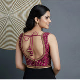 Women's Silk Blend Embroidered V-Neck Non Padded Blouse (Dark Wine 38 Ready (Alterable up to 42)