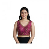 Women's Silk Blend Embroidered V-Neck Non Padded Blouse (Dark Wine 38 Ready (Alterable up to 42)