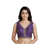 Purple silk blend embroidered V-neck blouse (alterable up to size 42), sleeveless, back hook closure