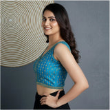 Sky silk blend embroidered V-neck blouse (sleeve-less), alterable up to size 42 on mannequin