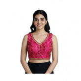 Pink silk blend embroidered v-neck blouse, sleeveless, alterable up to size 42