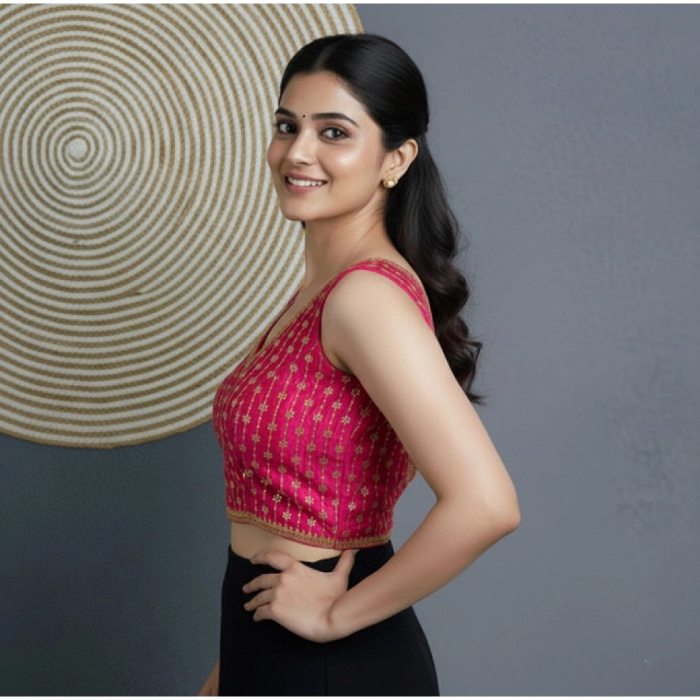 Pink silk blend embroidered V-neck blouse (sleeveless), alterable up to size 42 on woman model