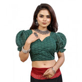 Green cotton embroidered V-neck blouse with puff sleeves, adjustable up to size 42