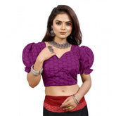 Magenta cotton embroidered V-neck blouse with puff sleeves, alterable up to size 42