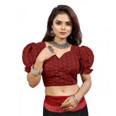 Maroon embroidered cotton blouse with puff sleeves, alterable up to size 42