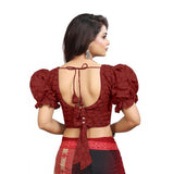 Maroon cotton embroidered V-neck blouse with puff sleeves, alterable up to size 42