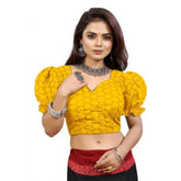 Mustard cotton embroidered V-neck blouse with puff sleeves, alterable up to size 42