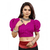 Pink cotton embroidered V-neck blouse with puff sleeves, alterable up to size 42. Women's fashion blouse on clothing hanger