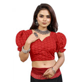 Red cotton embroidered V-neck blouse with puff sleeves, alterable up to size 42