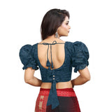 Teal embroidered cotton blouse with puff sleeves (alterable up to size 42)