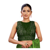 Green Rayon Cotton Bandhani Printed Halter Neck Blouse (Alterable up to size 42) - Sleeveless, back hook closure