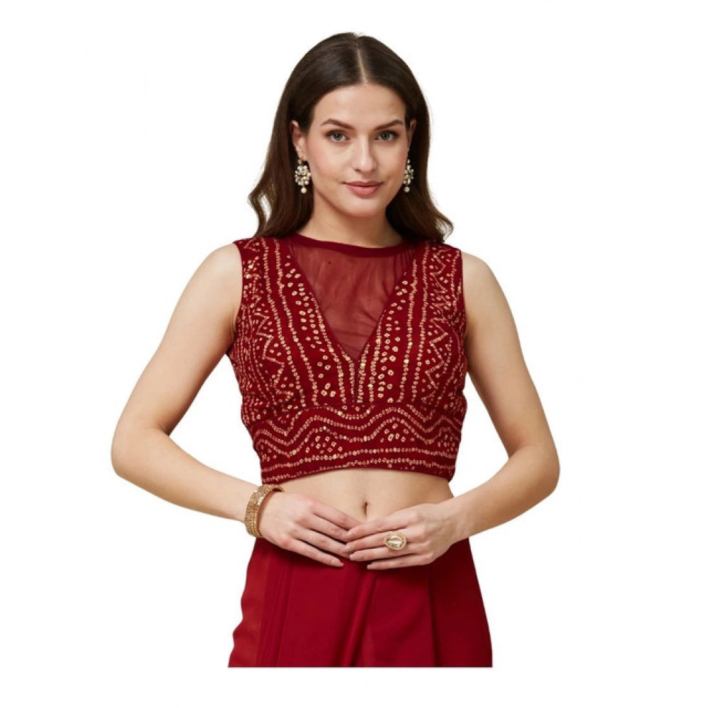Maroon Rayon Cotton Bandhani Printed Halter Neck Blouse (Alterable up to size 42) - stylish sleeveless top on a hanger