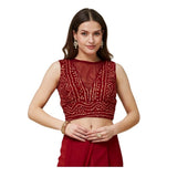 Maroon Rayon Cotton Bandhani Printed Halter Neck Blouse (Alterable up to size 42) - stylish sleeveless top on a hanger