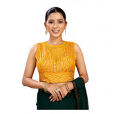 Mustard Rayon Cotton Bandhani Printed Halter Neck Blouse (Alterable up to size 42) - Back hook closure, sleeveless design