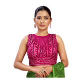 Pink rayon cotton Bandhani printed halter neck blouse (ready size 38, alterable up to 42)