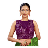 Women's wine rayon cotton bandhani printed halter neck blouse, sleeveless with back hook closure, alterable up to size 42