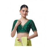 Green Banarasi Silk Sequence V-Neck Blouse (Alterable up to size 42) on mannequin