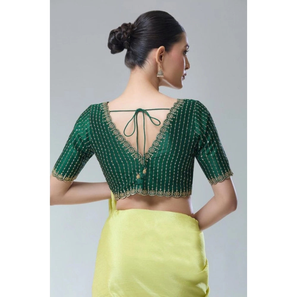 Green Banarasi Silk Sequence V-Neck Blouse (Ready 38, Alterable up to 42)