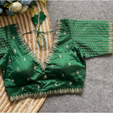 Green Banarasi Silk Sequence V-Neck Blouse (Alterable up to size 42) - women's fashion accessory on hanger