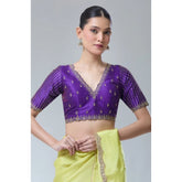 Purple Banarasi Silk Sequence V-neck blouse, short sleeves, alterable up to size 42