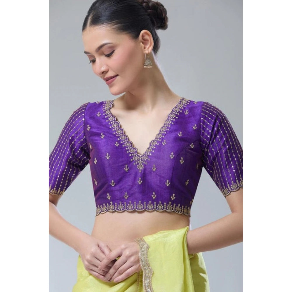 Purple Banarasi Silk Sequence V-neck blouse, short sleeves, alterable up to size 42
