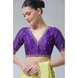 Purple Banarasi Silk Sequence V-neck blouse, short sleeves, alterable up to size 42