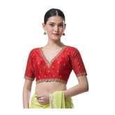Red Banarasi Silk Sequence V-Neck blouse, short sleeves, alterable up to size 42