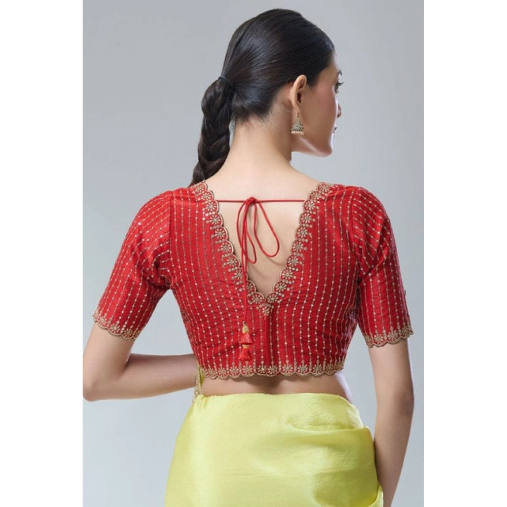 Red Banarasi Silk Sequence V-Neck Blouse (Alterable up to size 42)