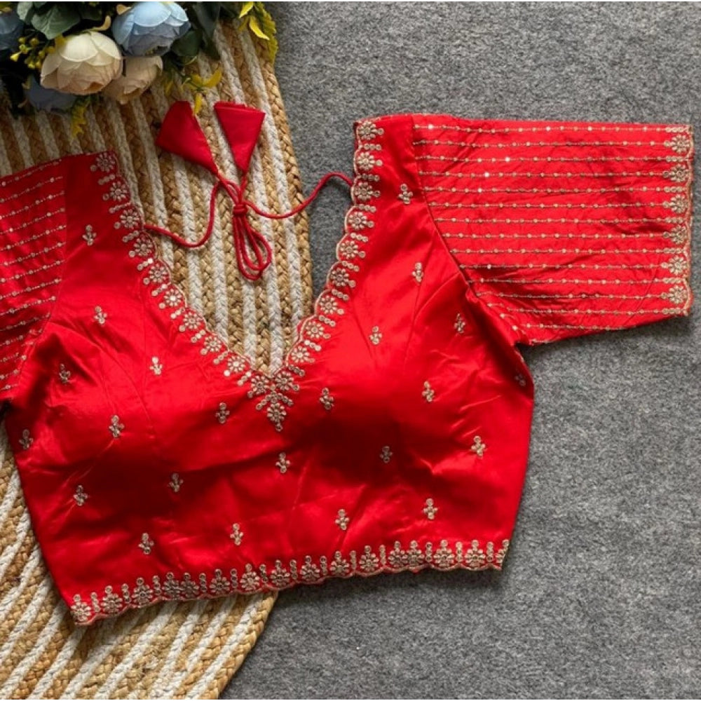 Red Banarasi Silk Sequence V-Neck Blouse with short sleeves, non-padded design (alterable up to size 42)