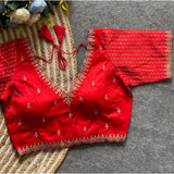 Women's Banarasi Silk Sequence V Neck Non Padded Blouse (Red 38 Ready (Alterable up to 42)