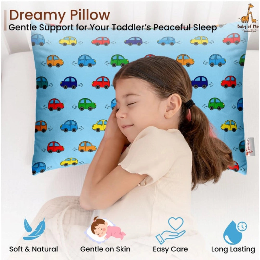 Sky Blue soft plush printed baby pillow for kids age 1-5 years, rectangular bed pillow design