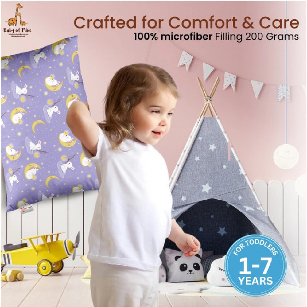 Purple soft plush printed baby bed pillow for kids age 1-5 years, rectangular shape with vibrant design
