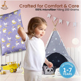 Purple soft plush printed baby bed pillow for kids age 1-5 years, rectangular shape with vibrant design