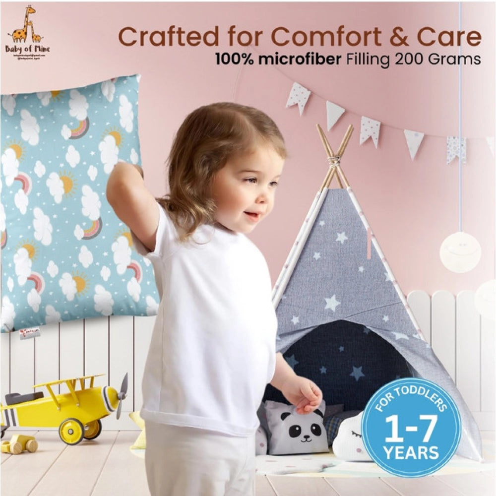 Sky Blue soft plush printed baby pillow for kids age 1-5 years, rectangular bed pillow design