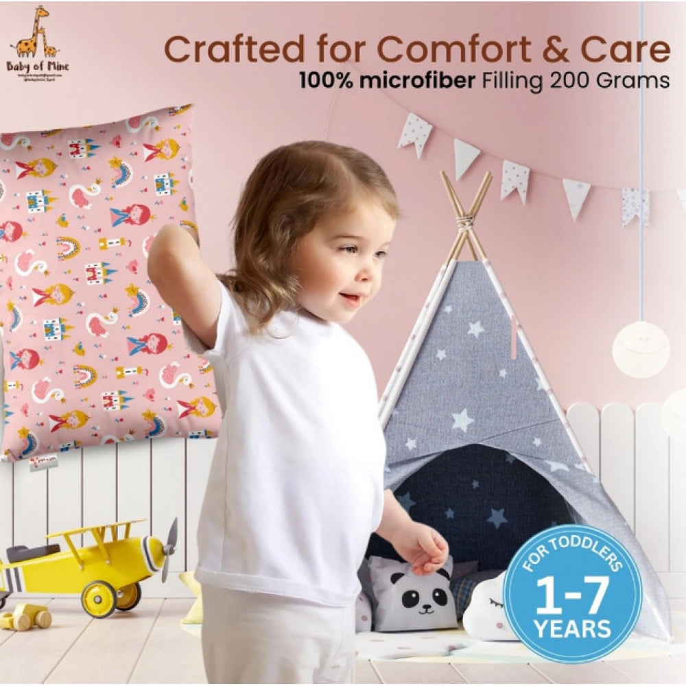 Soft pink plush printed baby pillow for kids aged 1-5 years, rectangular bed pillow design