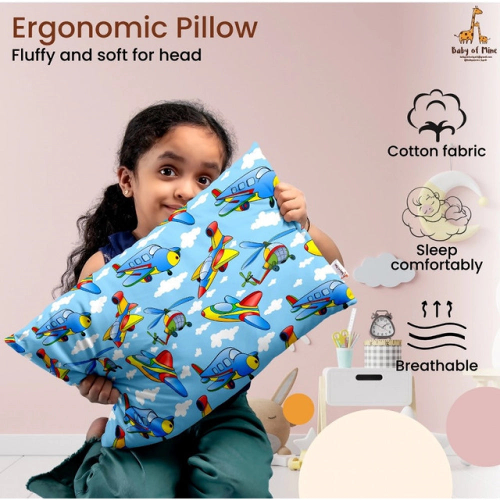 Blue soft plush printed baby pillow for kids age 1-5 years, ideal for beds